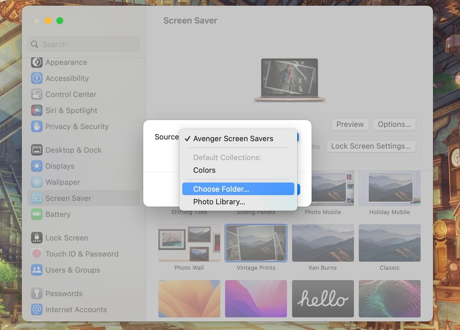 گزینه Folder را در گزینه های منبع محافظ صفحه انتخاب کنید