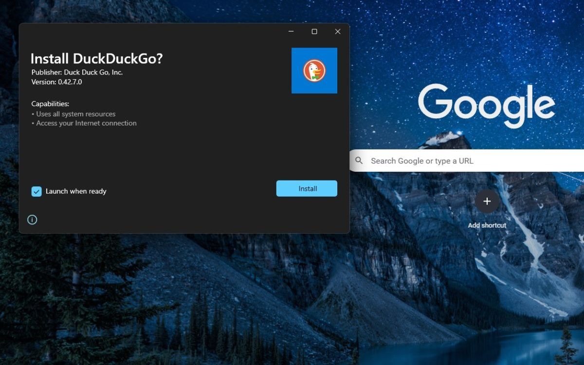 تصویری از کادر محاوره ای نصب DuckDuckGo