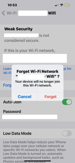 گزینه ای برای فراموش کردن شبکه های وای فای در آیفون
