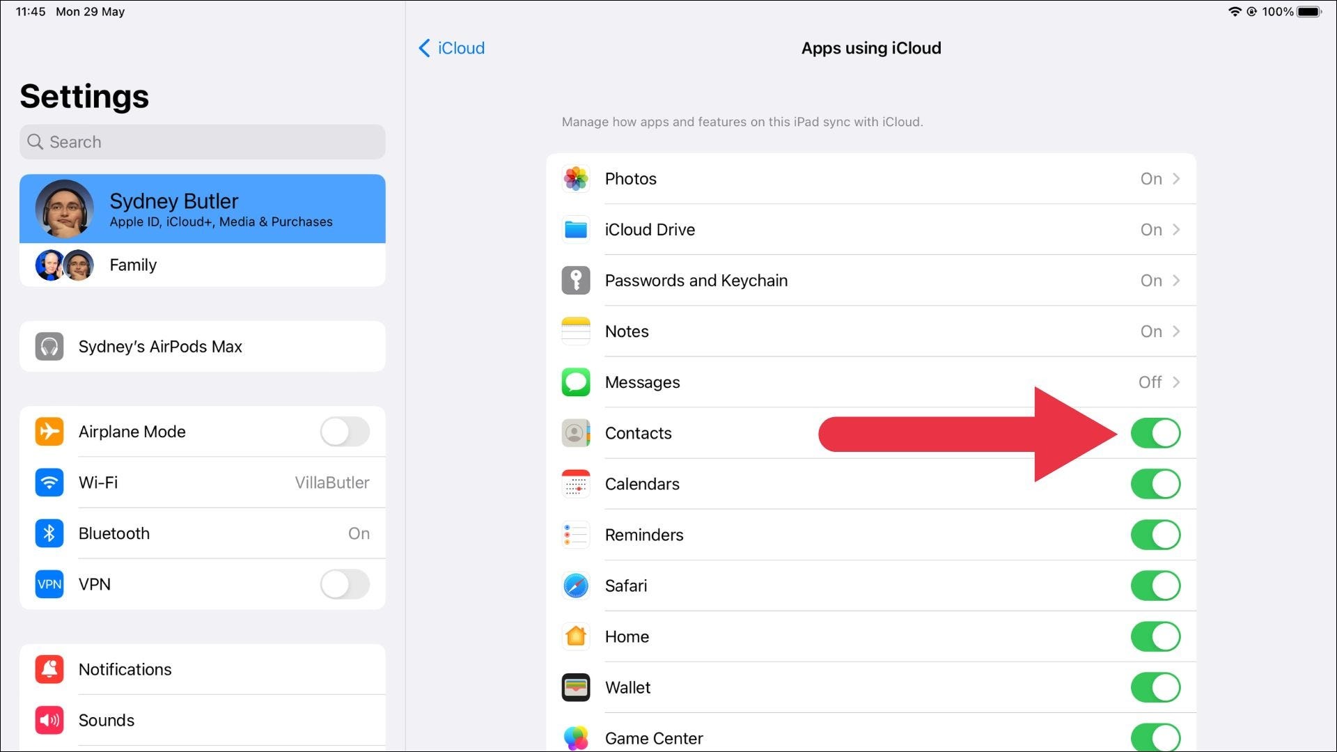 کلید iCloud App Sync را انتخاب کنید.