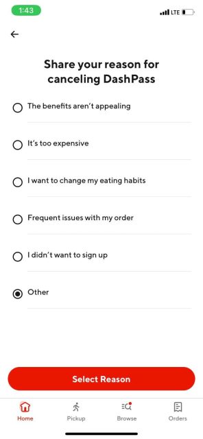 درج دلیل لغو dashpass در اپلیکیشن doordash