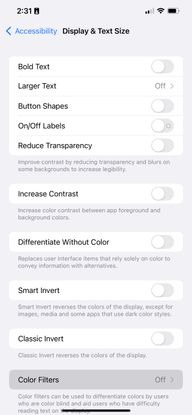 محل تنظیم فیلترهای رنگی در قابلیت دسترسی آیفون