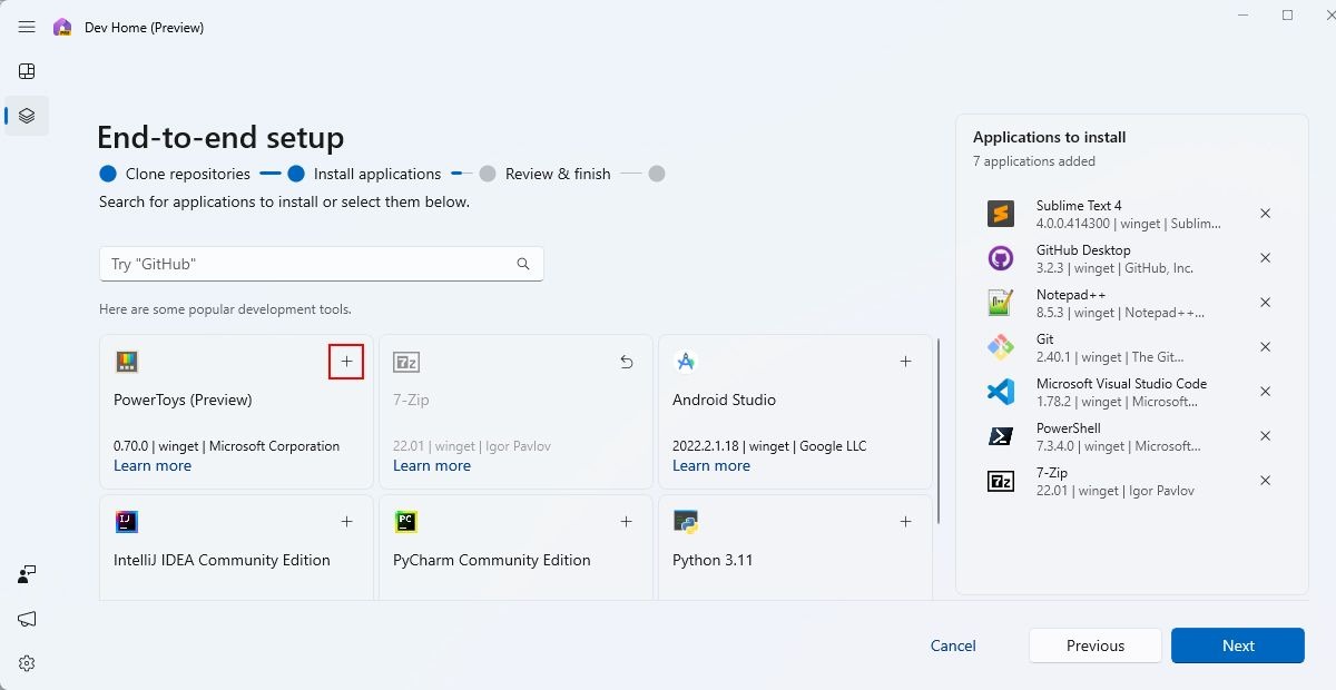 برنامه های پیشنهادی Windows Dev Home