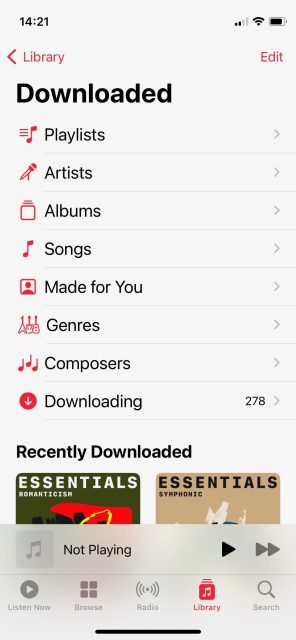 اسکرین شات از منوی دانلود شده Apple Music
