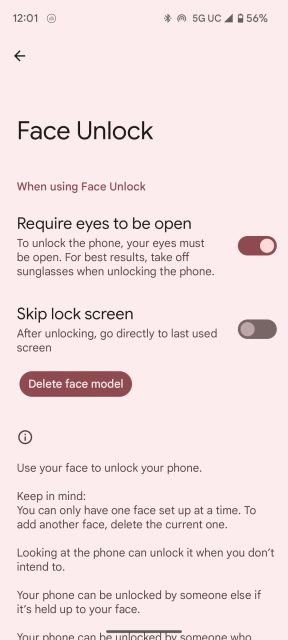 بخش Face Unlock در صفحه باز کردن قفل با چهره و اثر انگشت برنامه تنظیمات