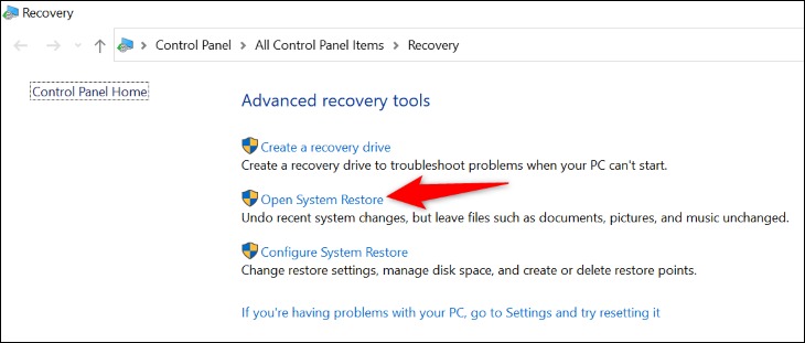 'Open System Restore' را انتخاب کنید.