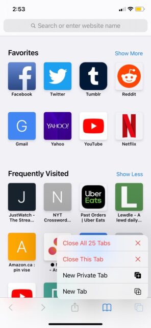 منوی All Tabs قابل مشاهده در Safari در آیفون را ببندید