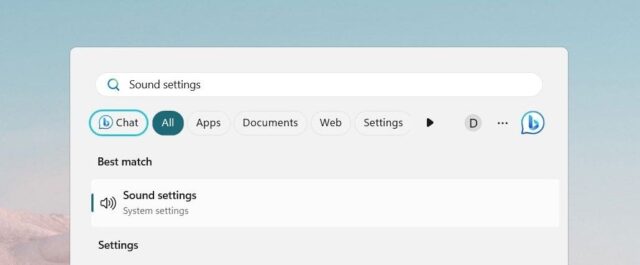 تنظیمات صدا را با استفاده از نوار جستجو باز کنید