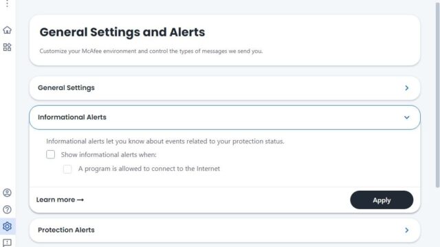 گزینه هشدارهای اطلاعاتی در McAfee