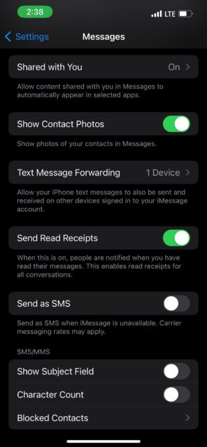 منوی پیام ها در تنظیمات در iOS