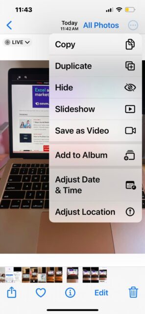انتخاب دکمه Save as Video در Live Photo iOS
