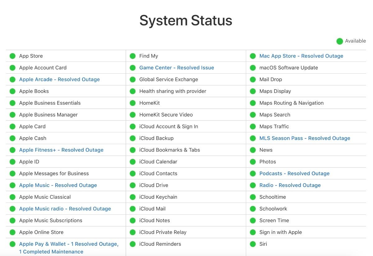 صفحه وب وضعیت سیستم اپل