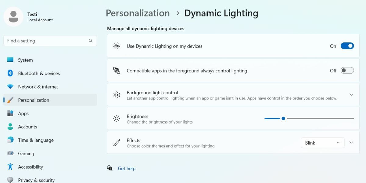 پیکربندی Dynamic Lighting در ویندوز 11