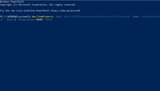 غیرفعال کردن مسیرهای طولانی دستورات PowerShell