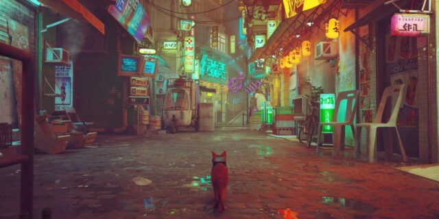 گربه در خیابانی با نور نئون در Stray قدم می‌زند