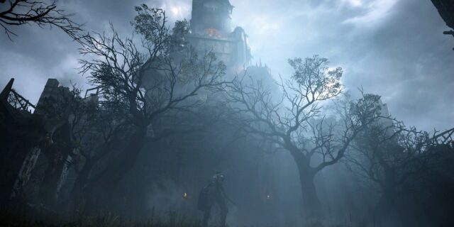 تصویری که بازیکن را در مقابل قلعه ای در Demon Souls ایستاده نشان می دهد
