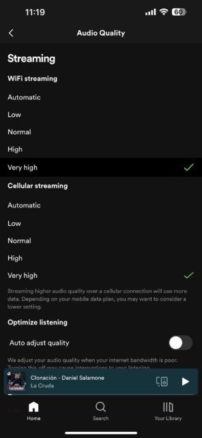 کیفیت صوتی Spotify در بسیار بالا تنظیم شده است