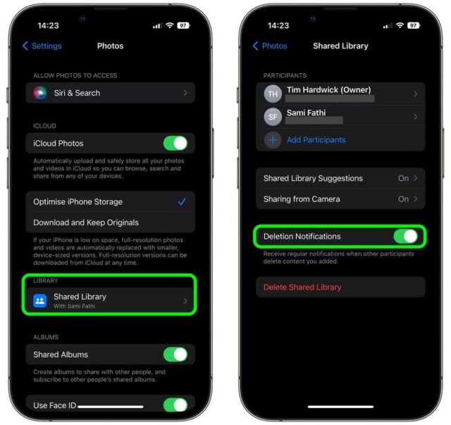 اعلان های حذف برای iCloud Shared Photo Library