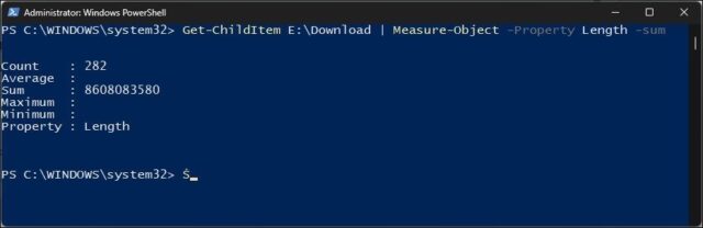 powershell cmdlet برای مشاهده بایت های اندازه پوشه