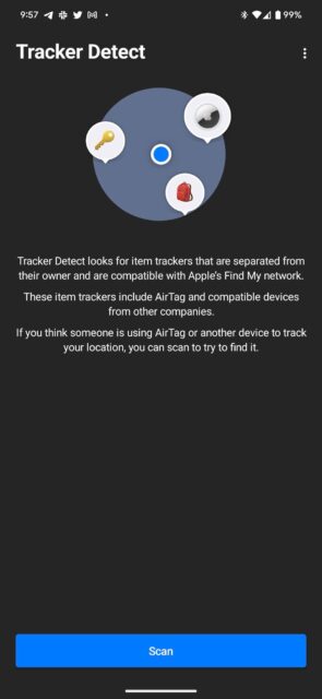 اپلیکیشن Tracker Detect برای اندروید با نمایش گزینه Scan