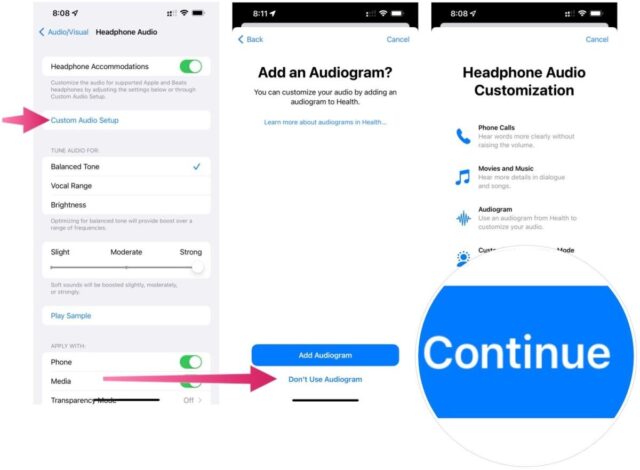 برای سفارشی کردن صدا، روی Custom Audio Setup ضربه بزنید، سپس Continue را انتخاب کنید. Don't Use Audiogram را انتخاب کنید.