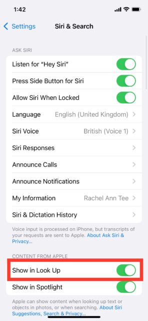 نمایش در Look Up، در Siri & Search