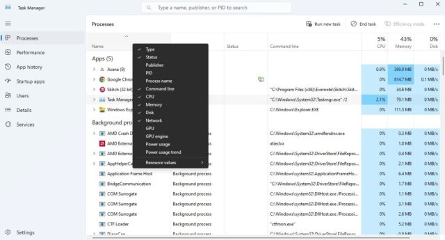 گزینه Command Line گزینه فعال در Task Manager