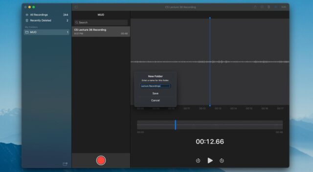 برنامه macOS Voice Memos با گزینه ایجاد یک پوشه جدید