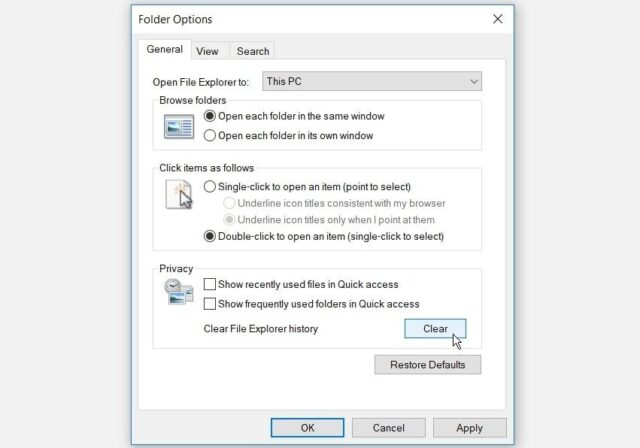 غیرفعال کردن دسترسی سریع و پاک کردن تاریخچه فایل اکسپلورر