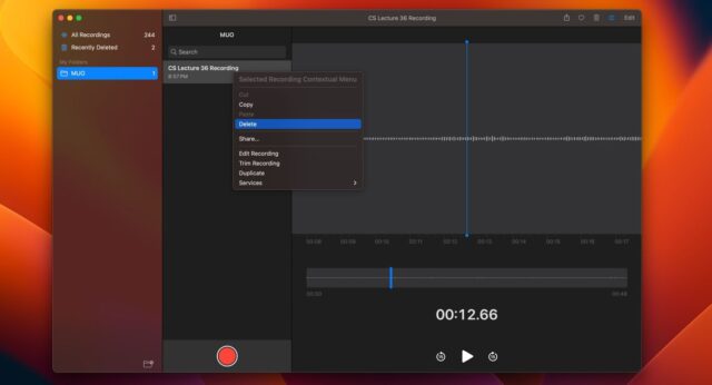 برنامه macOS Voice Memos با گزینه حذف یادداشت صوتی قابل مشاهده است