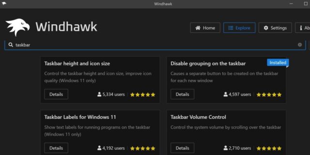 اسکرین شات جستجوی نوار وظیفه در windhawk