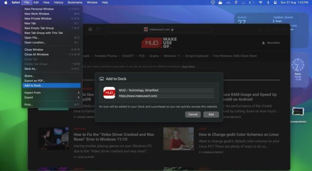 Safari Add to Dock Menu با گزینه ای برای ایجاد یک برنامه وب از وب سایت MUO
