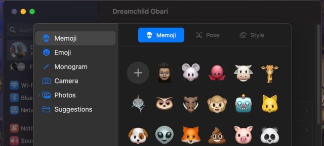 پنجره فرعی انتخاب Memoji با تنظیمات از پیش تعیین شده در macOS 13