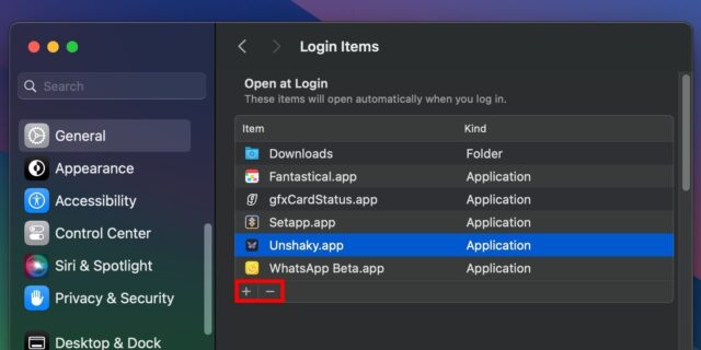 بخش Login Items در تنظیمات سیستم در macOS Sonoma با دکمه‌های Add و Remove برجسته شده است.