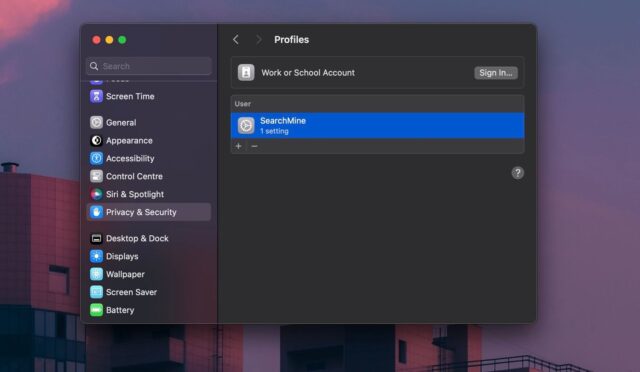 برگه macOS Profiles با نصب نمایه SearchMine باز می شود