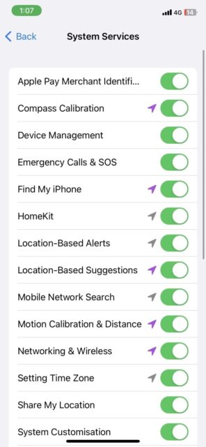گزینه های سرویس های سیستم مانند Find my iPhone و مدیریت دستگاه