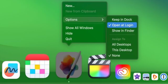گزینه Open at Login در macOS Sonoma's Dock برای برنامه Pixelmator Pro غیرفعال شد