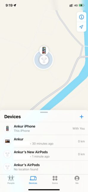 برنامه من را در iPhone پیدا کنید که همه دستگاه‌های اضافه شده را نشان می‌دهد