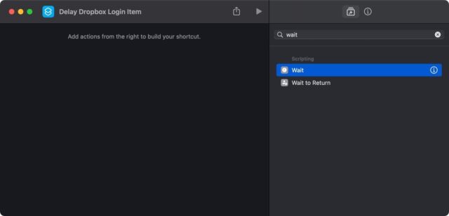 جستجوی عملکرد Wait در برنامه Shortcuts در macOS Sonoma