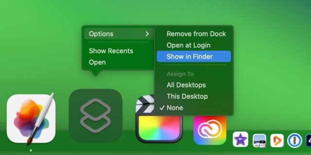 انتخاب Show in Finder در Dock برای اتوماسیون مورد ورود با تاخیر Dropbox