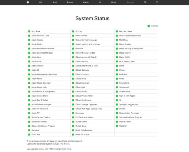 صفحه وضعیت سیستم اپل کاملا سبز است