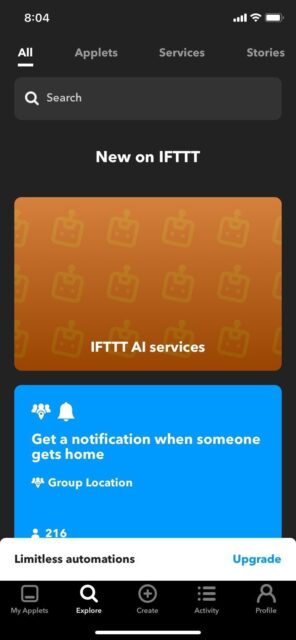 نوار جستجوی برنامه IFTTT