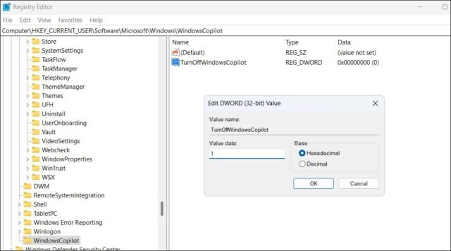 Windows Copilot را با استفاده از ویرایشگر رجیستری خاموش کنید