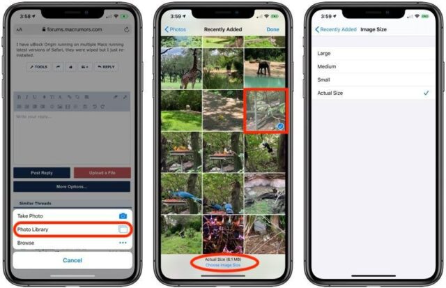 نحوه انتخاب اندازه تصویر هنگام آپلود عکس در سافاری برای iOS