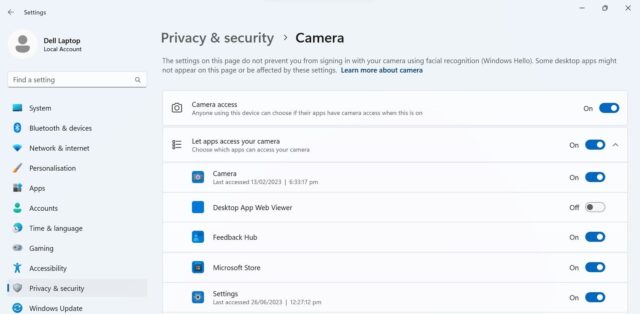 فعال کردن دسترسی به دوربین در برگه حریم خصوصی و امنیت تنظیمات ویندوز