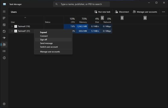 تب کاربران در Task Manager با گزینه Logoff در ویندوز 11