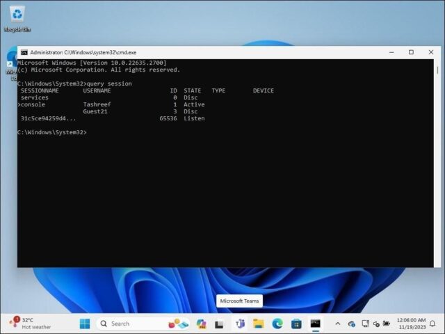 Command Prompt با دستور Query Session در حال اجرا در ویندوز 11