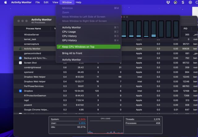 نمایشگر فعالیت Mac که برگه CPU را نشان می دهد