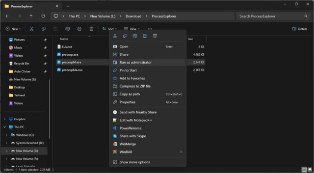 گزینه Process Explorer Exe File Run Administrator در ویندوز 11