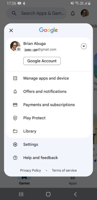 منوی پروفایل Google Play Store